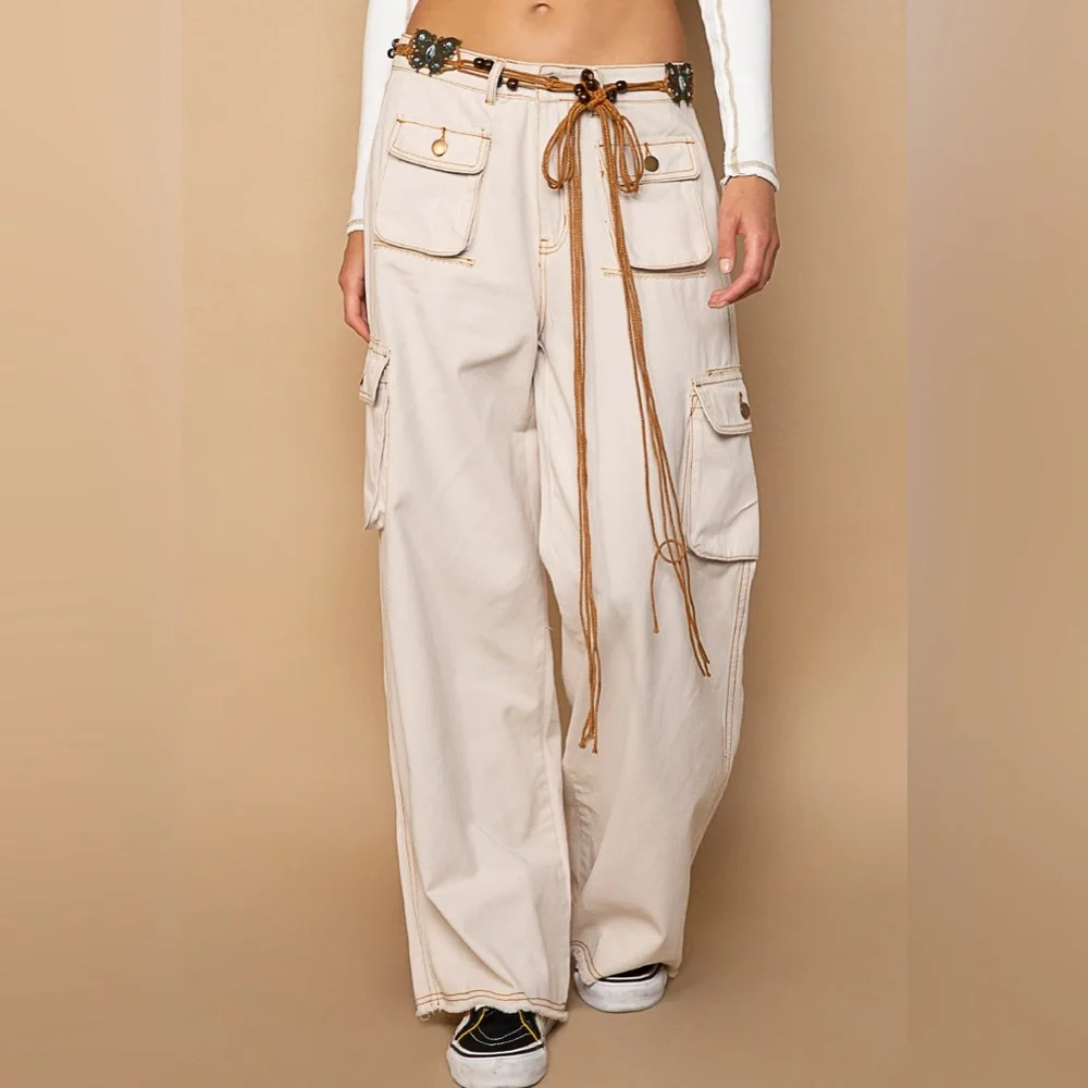 POL Almond Cream Slouchy Cargo Pocket Wide Leg Elastic Waist Paints - Picture 1 of 3